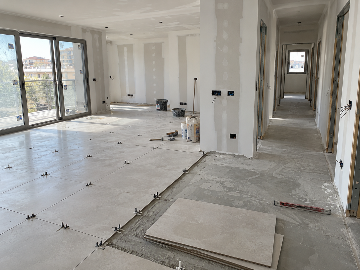 Vivienda en proceso de reforma con pavimento, tabiquería de pladur e instalaciones pendientes de terminar